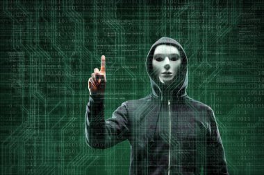 Maske ve kapüşonlu ikili arka plan üzerinde bilgisayar korsanı. Gizlenmiş karanlık yüzü. Veri hırsız, internet dolandırıcılık, darknet ve siber güvenlik kavramı.