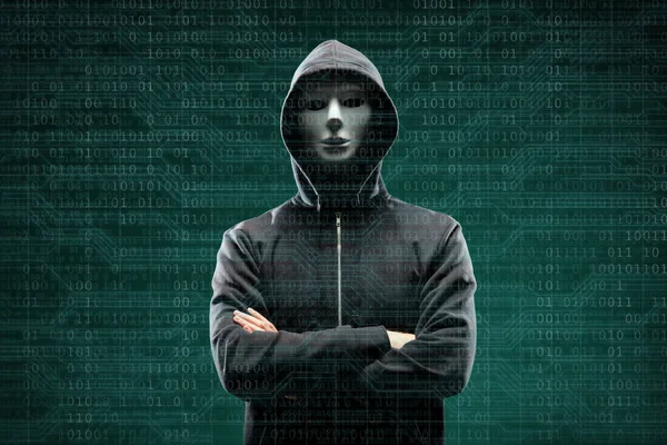Pirata Informático Anónimo Sobre Fondo Digital Abstracto Cara Oscura Máscara — Foto de Stock