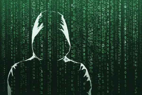 Anonymer Computerhacker Über Abstrakten Digitalen Hintergrund Dunkles Gesicht Mit Maske — Stockfoto