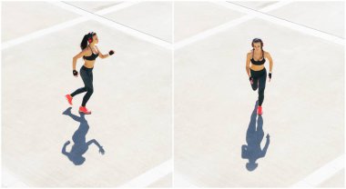 Genç, formda ve sporcu bir kız. Stat 'ta spor yapıyor. Fitness, spor, şehir koşusu ve sağlıklı yaşam tarzı konsepti.