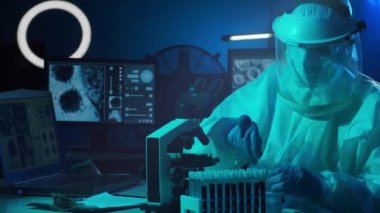 Laboratuvar ekipmanları, mikroskoplar ve test tüpleri kullanarak araştırma laboratuarında çalışan koruyucu giysi ve maskeler giyen bilim adamları. Coronavirus 2019-ncov tehlikesi, ilaç keşfi, bakteri bilimi ve virüs bilimi