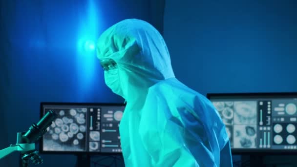 Scientist Protection Suits Masks Working Research Lab Using Laboratory Equipment — Stock Video