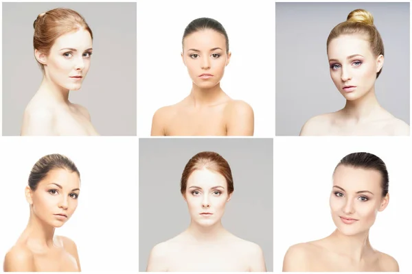 Rostros Femeninos Hermosos Puros Sanos Retratos Mujeres Jóvenes Guapas Collage — Foto de Stock