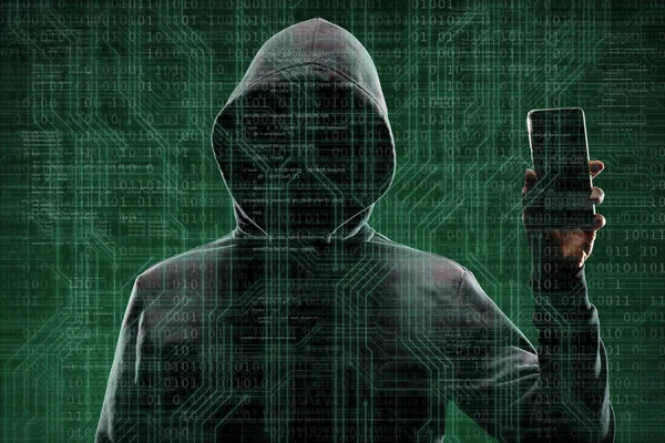 Анонимный Компьютерный Хакер Смартфоном Абстрактном Цифровом Фоне Затемненное Темное Лицо — стоковое фото