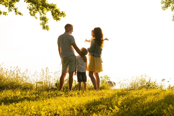 Happy Loving Family Walking Outdoor Light Sunset Father Mother Son — Stock Photo, Image