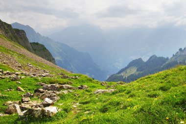 Alp tepeleri kara sapı arka planı. Jungfrau, Bernese Highland 'de. Alpler, turizm, seyahat, dağ yürüyüşü konsepti.