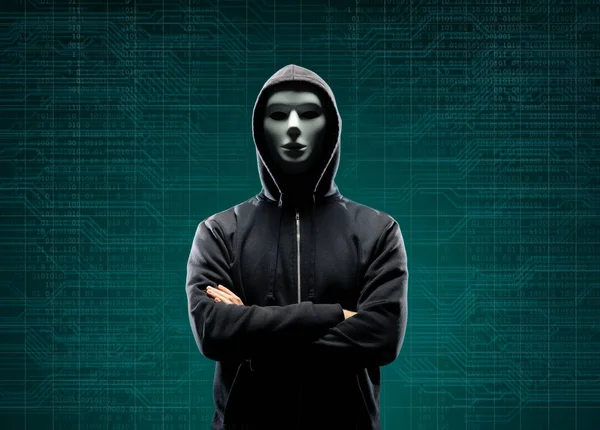 Anonymer Computerhacker Über Abstrakten Digitalen Hintergrund Dunkles Gesicht Mit Maske — Stockfoto