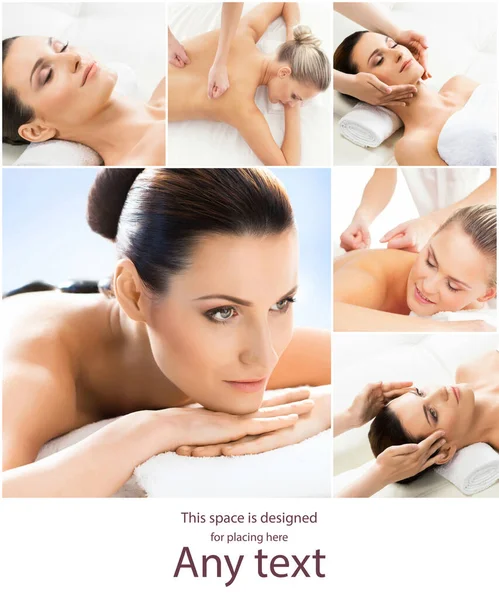 Women having different types of massage. Spa, wellness, health care and aroma therapy collage. Health, recreation and massaging therapy concept.