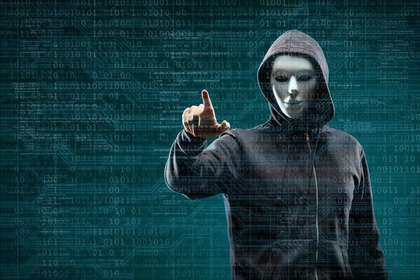 Анонимный Компьютерный Хакер Абстрактном Цифровом Фоне Затемненное Темное Лицо Маске — стоковое фото
