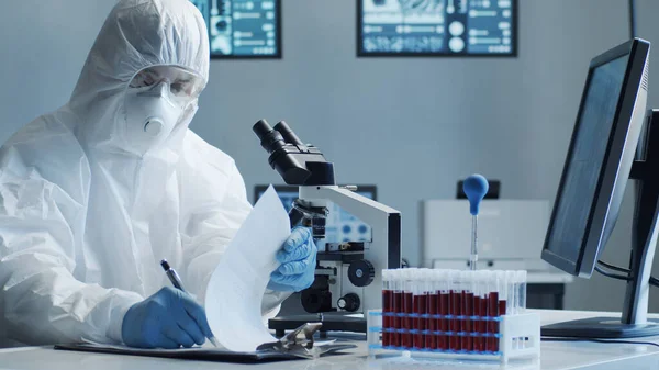 穿着防护服的科学家和使用实验室设备在研究实验室工作的面罩 显微镜 Coronavirus 2019 Ncov Hazard Pharmaceutical Discovery Bacterology Virology — 图库照片