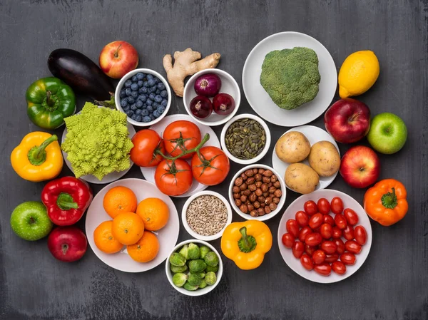 Ingredientes Alimentares Saudáveis Legumes Frescos Frutas Superalimentos Nutrição Dieta Conceito — Fotografia de Stock