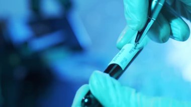 Laboratuvar tüpünde kan ve virüs var. Kliniklerdeki bilimsel laboratuvara yakın çekim. Salgın hastalıklar, sağlık hizmetleri, aşı araştırmaları ve Coronavirus covid-19 test konsepti.