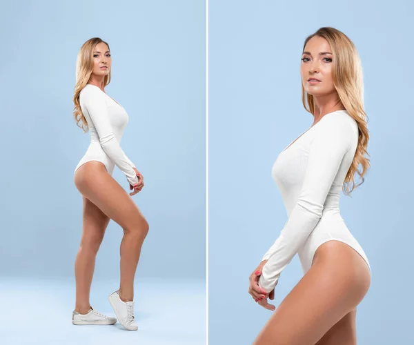 Beyaz Mayoyla Poz Veren Güzel Seksi Fitness Modeli Stüdyoda Genç — Stok fotoğraf