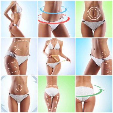 Sağlıklı, sportif ve güzel kadınlar beyaz izole. Yağ kaybetmek, sağlık, spor, fitness, beslenme, liposuction, sağlıklı yaşam tarzı kavram koleksiyonu.