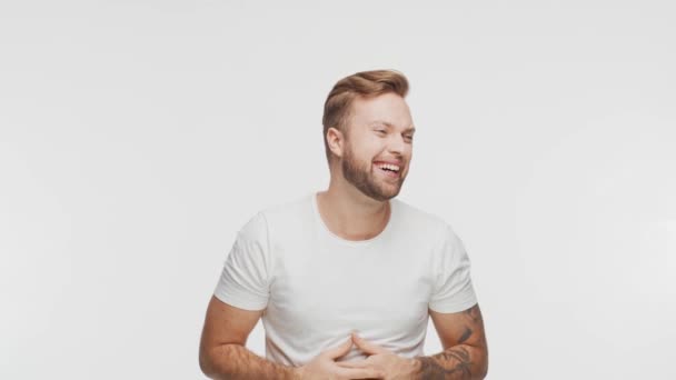 Expressive Happy Young Man Vibrant Background Studio Portrait Smiling Handsome — 비디오