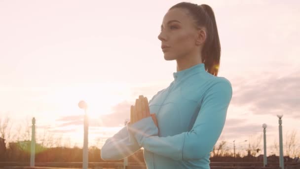 Jonge Mooie Sportieve Vrouw Die Avonds Yoga Training Buiten Heeft — Stockvideo