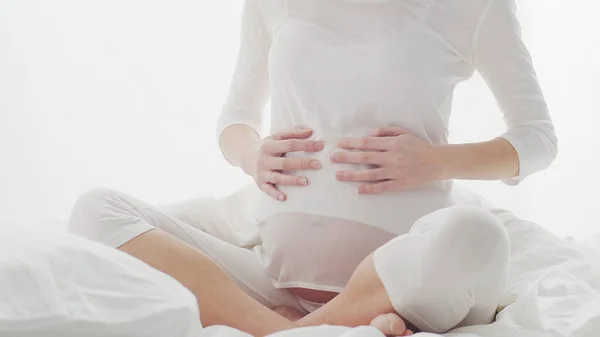 Happy Pregnant Woman Touching Her Beautiful Belly Sitting Bed Pregnancy — Stock Photo, Image