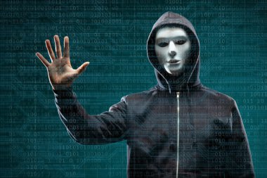 Maske ve kapüşonlu ikili arka plan üzerinde bilgisayar korsanı. Gizlenmiş karanlık yüzü. Veri hırsız, internet dolandırıcılık, darknet ve siber güvenlik kavramı.