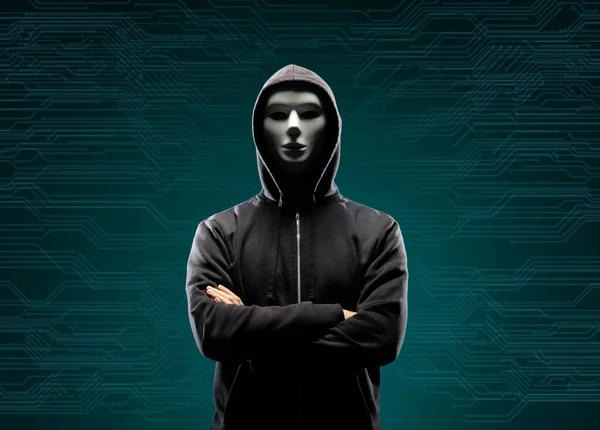 Computer Hacker Masker Hoodie Abstracte Binaire Achtergrond Het Oog Wordt — Stockfoto