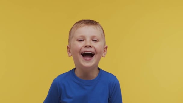 Retrato Menino Sorridente Feliz Shirt Miúdo Expressivo Estúdio Conceito Infância — Vídeo de Stock