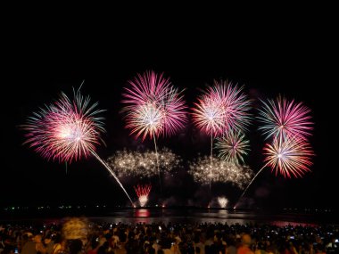 Gece arkaplanda gerçek havai fişek kutlaması.