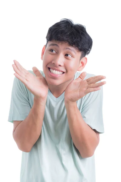 Homem Asiático Usa Uma Camiseta Verde Clara Com Rosto Engraçado — Fotografia de Stock