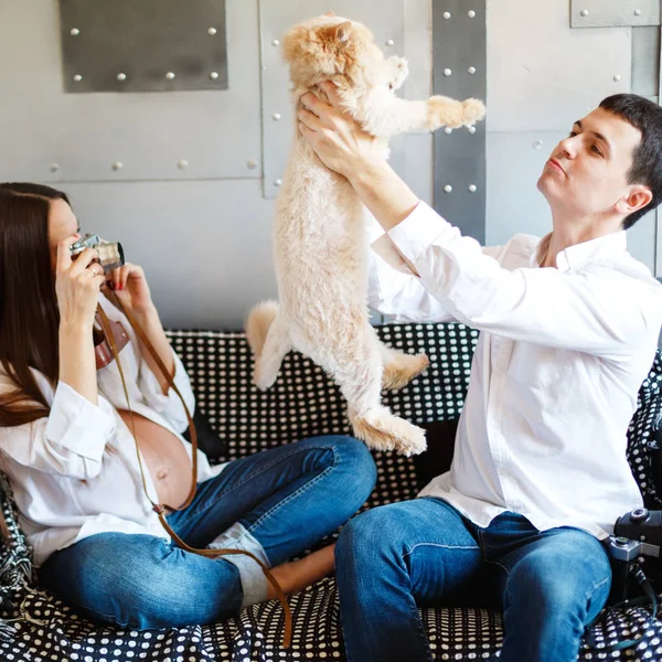 Young pregnant couple with cat — Stock Photo, Image