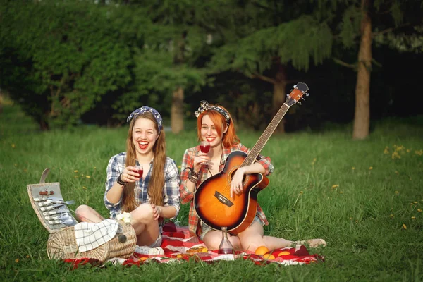 Hipster girls having fun on the picnic — Stock Photo, Image