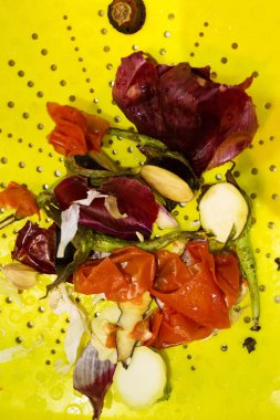 plastik yemek yerli biyo gıda atık, kompost, doğal gıda kavramı geri dönüşüm için hazır dolu görünümünü 