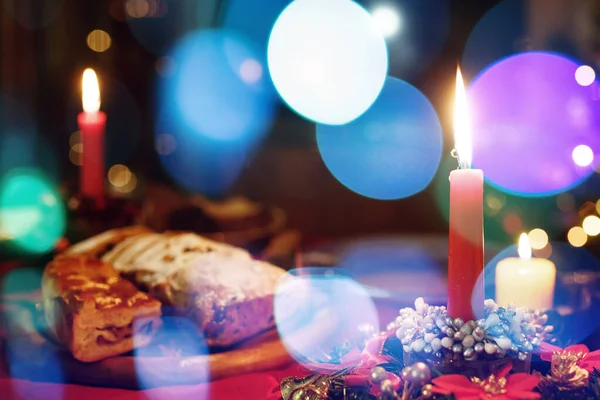 Traditional Christmas Festive Dinner Candles Defocused Image — Stock Photo, Image