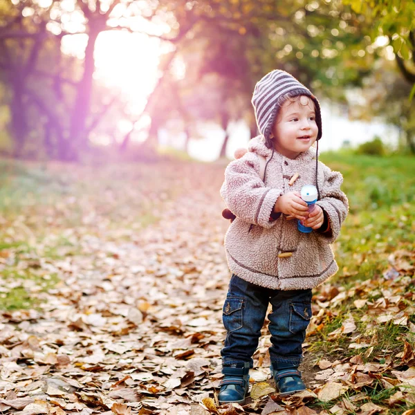 Lindo niño pequeño de pie en las hojas de otoño —  Fotos de Stock