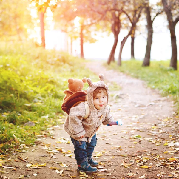 Ładny zabawny maluch w Autumn Park chodzenie — Zdjęcie stockowe