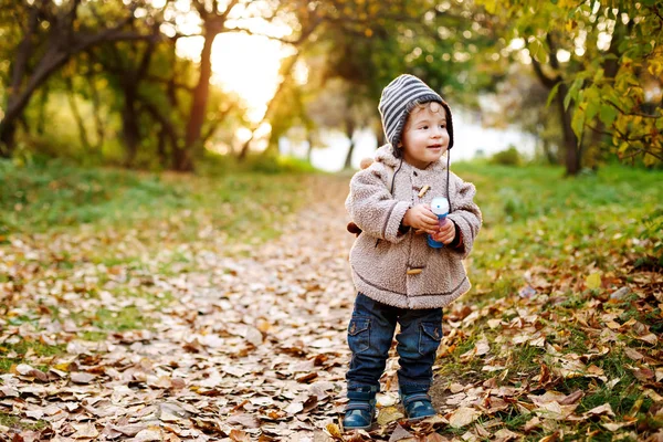 Lindo niño pequeño de pie en las hojas de otoño — Foto de Stock