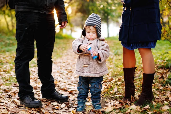 Peuter jongen Ith zijn ouders in de natuur — Stockfoto