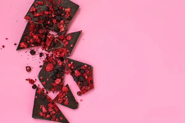 Pièces de barres de chocolat cassées avec des baies rouges séchées éparses — Photo