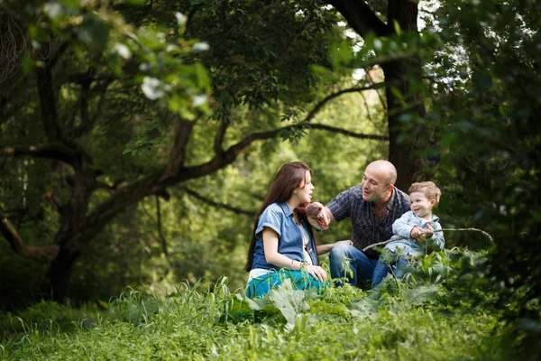 Jong mooi familie spelen met kind buiten — Stockfoto