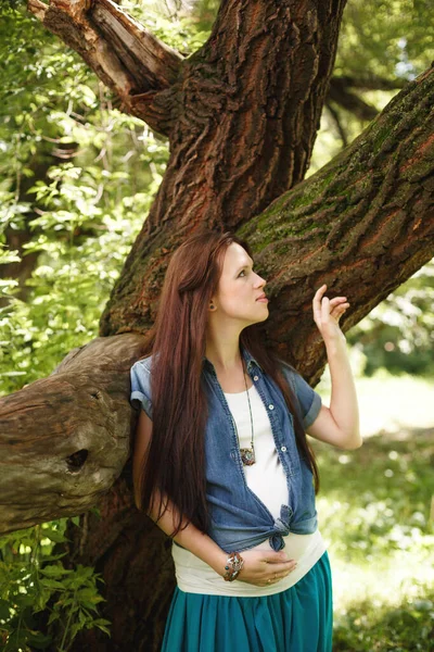 Giovane bella donna incinta in piedi vicino all'albero — Foto Stock