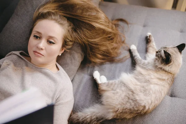 Nuori houkutteleva tyttö kissan kanssa makaa sohvalla lukemassa kirjaa kotona — kuvapankkivalokuva