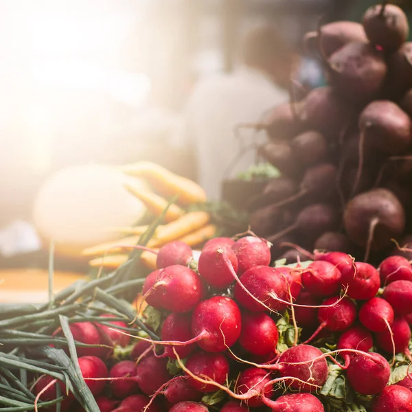 Farmer organic street market stall with radish and beetroot, sel — Stock Photo, Image