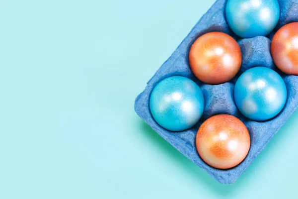 Pearl Blue Orange Colored Eggs Cardboard Market Blue Tray Modern — Stock Photo, Image