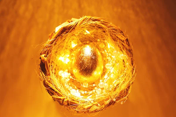 Precious Golden Egg Nest Lights Bright Sunny Background Mystery Easter — Stock Photo, Image