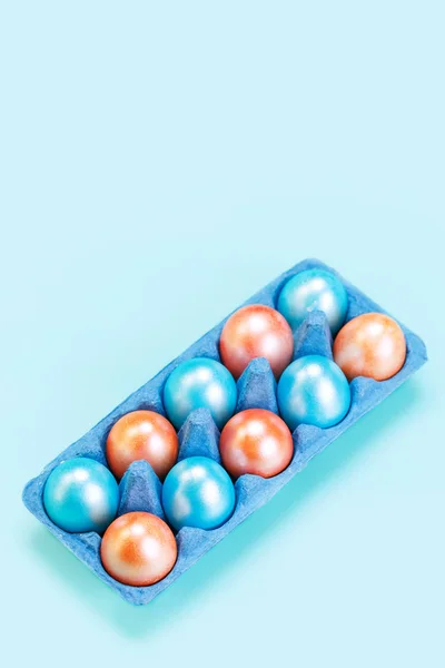 Ten Pearl Blue Orange Colored Eggs Cardboard Market Blue Tray — Stock Photo, Image