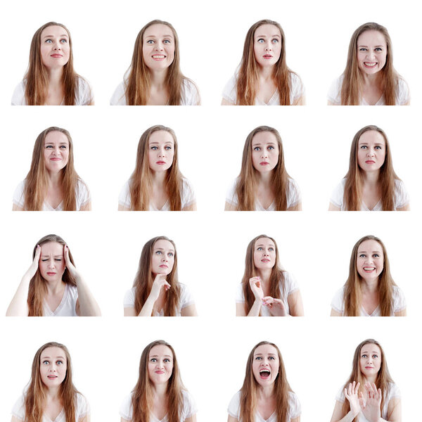 Collage image of sixteen different human emotions and reactions, young attractive caucasian woman headshots isolated on white background