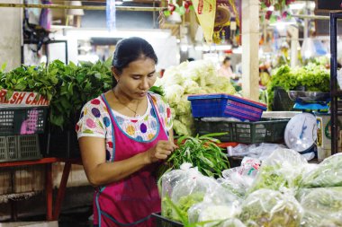 PHUKET, THAILAND - 15 Aralık 2012: Tipik Asya sokak pazarı, sebzelerle ilgilenen genç kadın satıcısı
