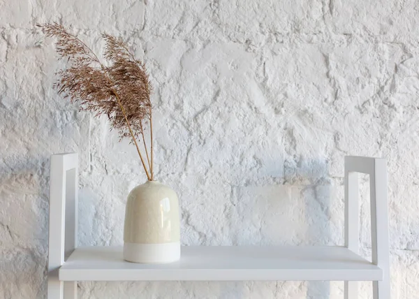 Wheat bouquet in ceramic vase on white background. Minimal floral composition — Stock Photo, Image