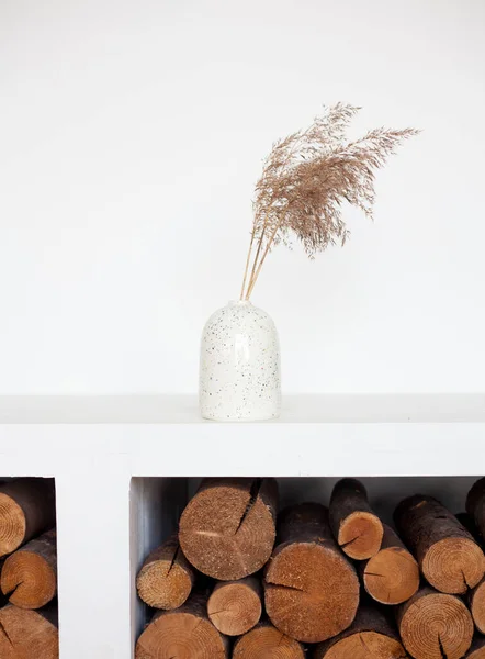 Wheat bouquet in white ceramic vase on white background. Minimal floral composition. Minimal floral composition on white deck — Stock Photo, Image