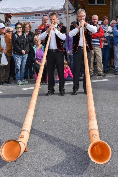 Människor bär traditionella kläder och spela alphorn — Stockfoto