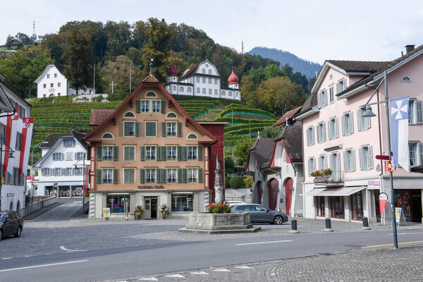 Sarnen, Switzerland - 1 October 2016: The central square of Sarnen on the Swiss Alps
