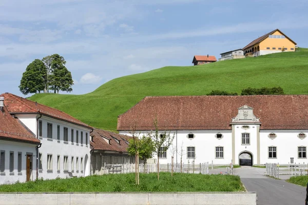 Einsiedeln abbey tarım arazileri önünde — Stok fotoğraf