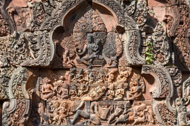 Banteay Srei Tapınağı yakın çekim oyma, Kamboçya
